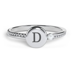 Engravable Disc Ring with Gemstone and Beaded Band in 925 Sterling Silver with Aquamarine