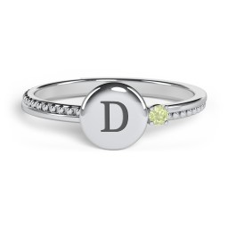 Engravable Disc Ring with Gemstone and Beaded Band in 925 Sterling Silver with Peridot