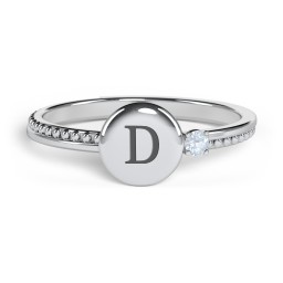 Engravable Disc Ring with Gemstone and Beaded Band in 925 Sterling Silver with Aquamarine