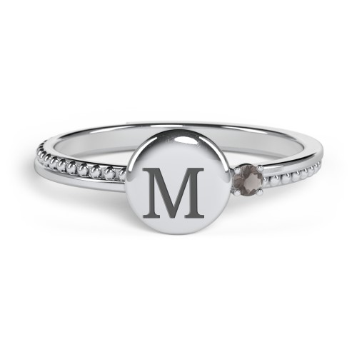 Engravable Disc Ring with Gemstone and Beaded Band – Sterling Silver with Smokey Quartz