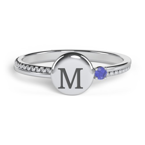 Engravable Disc Ring with Gemstone and Beaded Band – Sterling Silver with Blue Sapphire