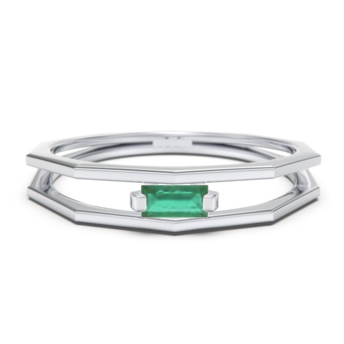 Faceted Double Band with Baguette Stone – Sterling Silver with Emerald