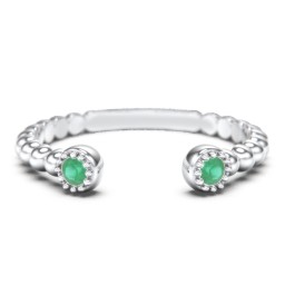 Beaded Ball Open Cuff Ring with Gemstones in 925 Sterling Silver with Emerald