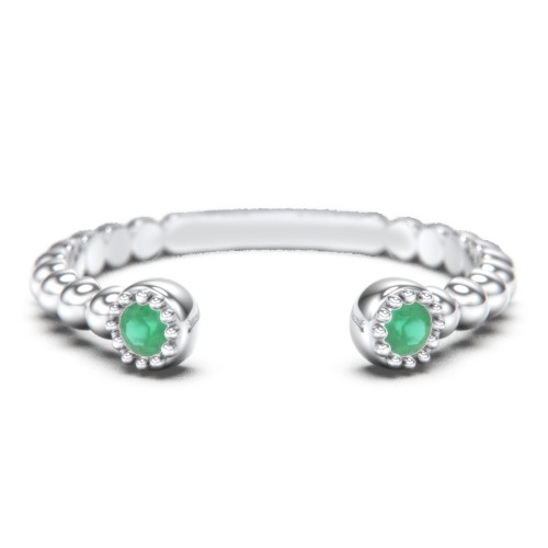 Beaded Ball Open Cuff Ring with Gemstones – Sterling Silver with Emerald
