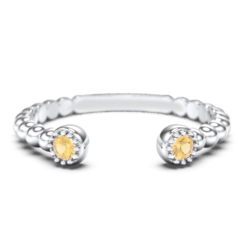 Beaded Ball Open Cuff Ring with Gemstones – Sterling Silver with Citrine
