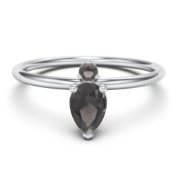 Pear Ring with Round Accent Stone in 925 Sterling Silver with Smokey Quartz