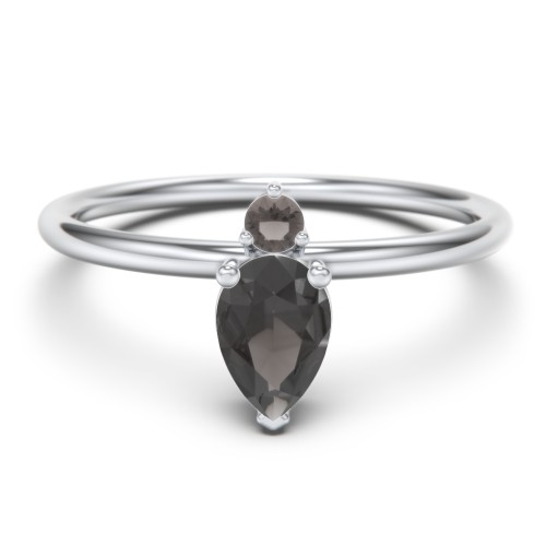 Pear Ring with Round Accent Stone – Sterling Silver with Smokey Quartz
