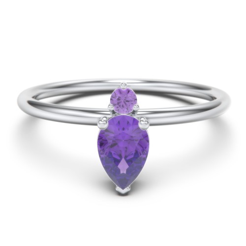Pear Ring with Round Accent Stone – Sterling Silver with Amethyst