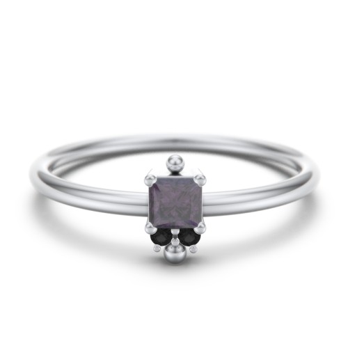 Princess Cut Stacking Ring with Accents – Sterling Silver with Alexandrite and Black Premium Zirconia
