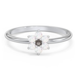 Flower Stackable Ring with Gemstones in 925 Sterling Silver with Smokey Quartz and Opal