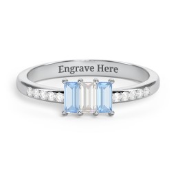 3 Stone Vertical Baguette Ring with Accents in 925 Sterling Silver with Blue Topaz, Cubic Zirconia, and White Premium Zirconia