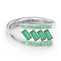 Tilted Baguette Bypass Ring with Accents in 925 Sterling Silver with Emerald and Green Premium Zirconia
