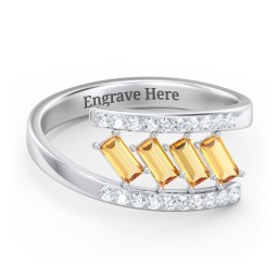 Tilted Baguette Bypass Ring with Accents in 925 Sterling Silver with Citrine and White Premium Zirconia