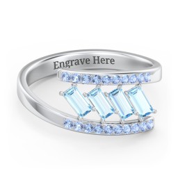 Tilted Baguette Bypass Ring with Accents in 925 Sterling Silver with Blue Topaz and Fancy Blue Premium Zirconia