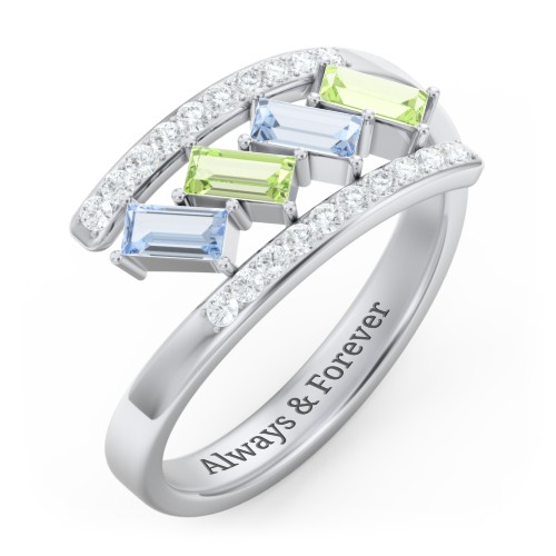 Tilted Baguette Bypass Ring with Accents – 10K White Gold with Aquamarine, Peridot, and White Premium Zirconia