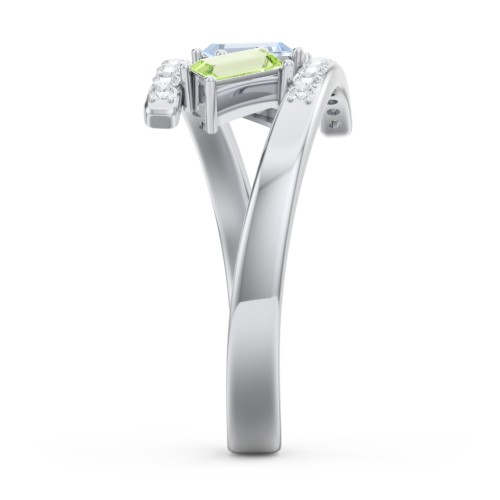 Tilted Baguette Bypass Ring with Accents – 10K White Gold with Aquamarine, Peridot, and White Premium Zirconia