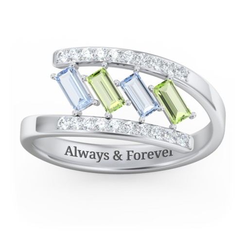Tilted Baguette Bypass Ring with Accents – 10K White Gold with Aquamarine, Peridot, and White Premium Zirconia