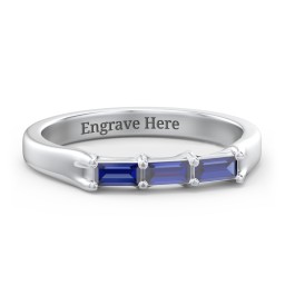 3 Stone Horizontal Baguette Ring in 925 Sterling Silver with Blue Sapphire