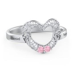 Filigree Heart Ring with Birthstones in 925 Sterling Silver with Pink Tourmaline