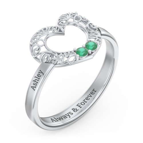 Filigree Heart Ring with Birthstones – Sterling Silver with Emerald
