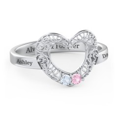 Filigree Heart Ring with Birthstones – 10K White Gold with Aquamarine and Pink Tourmaline