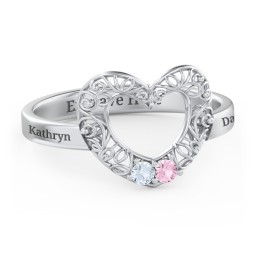 Filigree Heart Ring with Birthstones in 10K Solid White Gold with Aquamarine and Pink Tourmaline