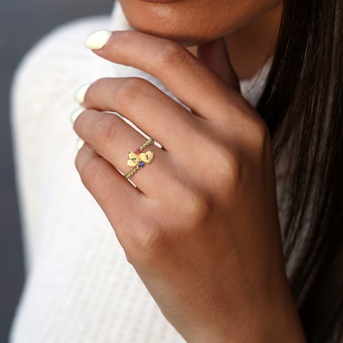 Engravable Double Heart Ring with Birthstones