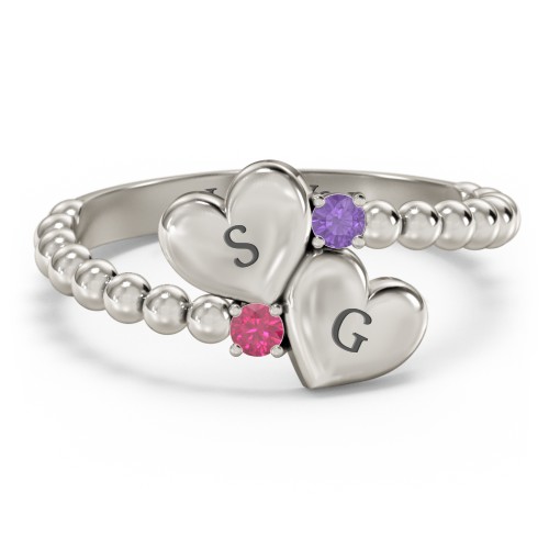 Engravable Double Heart Ring with Birthstones