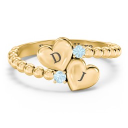 Engravable Double Heart Ring with Birthstones in 18K Gold Plated Silver with Blue Topaz