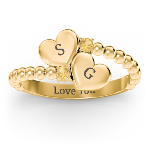 Engravable Double Heart Ring with Birthstones – 18K Gold Plated Silver with Citrine