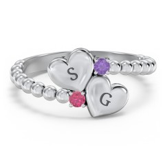 Engravable Double Heart Ring with Birthstones – 10K Yellow Gold with Cubic Zirconia