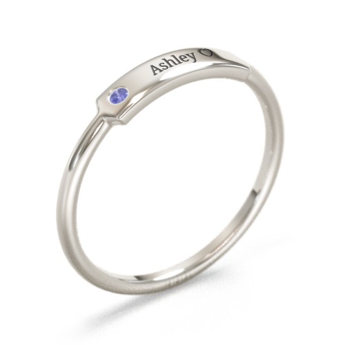 Engravable Bar Ring with Birthstone – 10K White Gold with Blue Sapphire