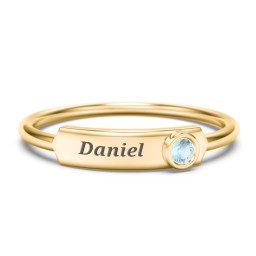 Engravable Bar Ring with Birthstone in 10K Solid Yellow Gold with Blue Topaz