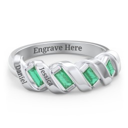 Spiral Baguette Ring in 925 Sterling Silver with Emerald and Blue Sapphire