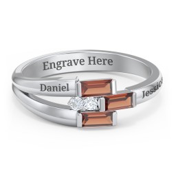 Engravable 3 Baguette Gemstone Ring with Accents in 925 Sterling Silver with Garnet and White Premium Zirconia
