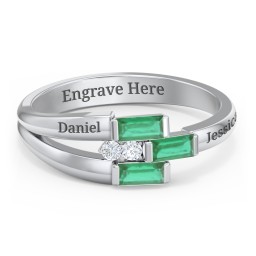 Engravable 3 Baguette Gemstone Ring with Accents in 925 Sterling Silver with Emerald and White Premium Zirconia