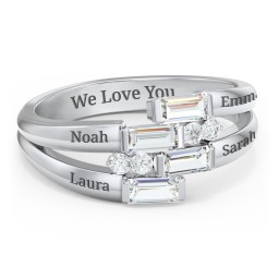 Engravable 4 Baguette Gemstone Ring with Accents in 925 Sterling Silver