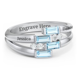 Engravable 4 Baguette Gemstone Ring with Accents in 925 Sterling Silver with Blue Topaz and White Premium Zirconia
