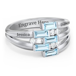Engravable 5 Baguette Gemstone Ring with Accents in 925 Sterling Silver with Blue Topaz and White Premium Zirconia