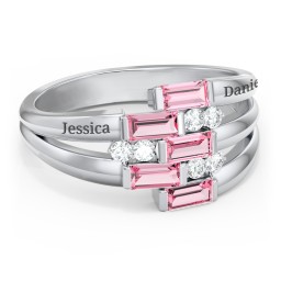 Engravable 5 Baguette Gemstone Ring with Accents in 925 Sterling Silver with Pink Tourmaline and White Premium Zirconia