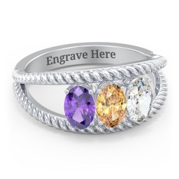 Oval Birthstone Ring with Twisted Rope Band in 925 Sterling Silver with Amethyst, Citrine, Cubic Zirconia, and Aquamarine