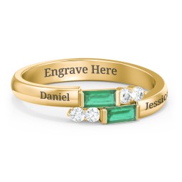 Engravable Baguette Gemstone Ring with Accents in 18K Gold Plated Silver with Emerald and White Premium Zirconia