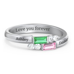 Engravable Baguette Gemstone Ring with Accents – 10K Yellow Gold with Emerald, Pink Tourmaline, and White Premium Zirconia