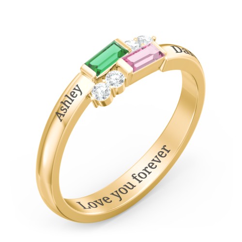 Engravable Baguette Gemstone Ring with Accents – 10K Yellow Gold with Emerald, Pink Tourmaline, and White Premium Zirconia