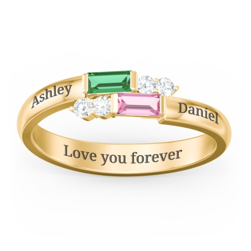 Engravable Baguette Gemstone Ring with Accents – 10K Yellow Gold with Emerald, Pink Tourmaline, and White Premium Zirconia