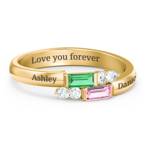 Engravable Baguette Gemstone Ring with Accents – 10K Yellow Gold with Emerald, Pink Tourmaline, and White Premium Zirconia