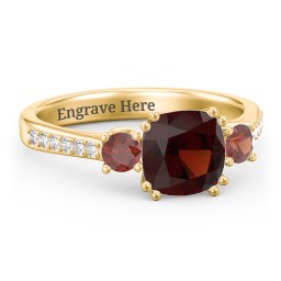 3 Stone Cushion Cut Duchess Ring with Accents in 18K Gold Plated Silver with Garnet and White Premium Zirconia