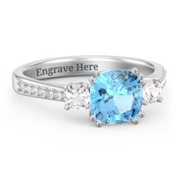 3 Stone Cushion Cut Duchess Ring with Accents in 925 Sterling Silver with Blue Topaz and Cubic Zirconia