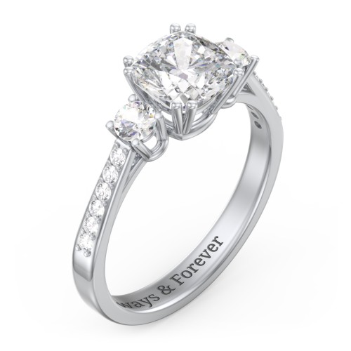 3 Stone Cushion Cut Duchess Ring with Accents – 10K White Gold with White Premium Zirconia and Cubic Zirconia