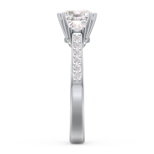 3 Stone Cushion Cut Duchess Ring with Accents – 10K White Gold with White Premium Zirconia and Cubic Zirconia